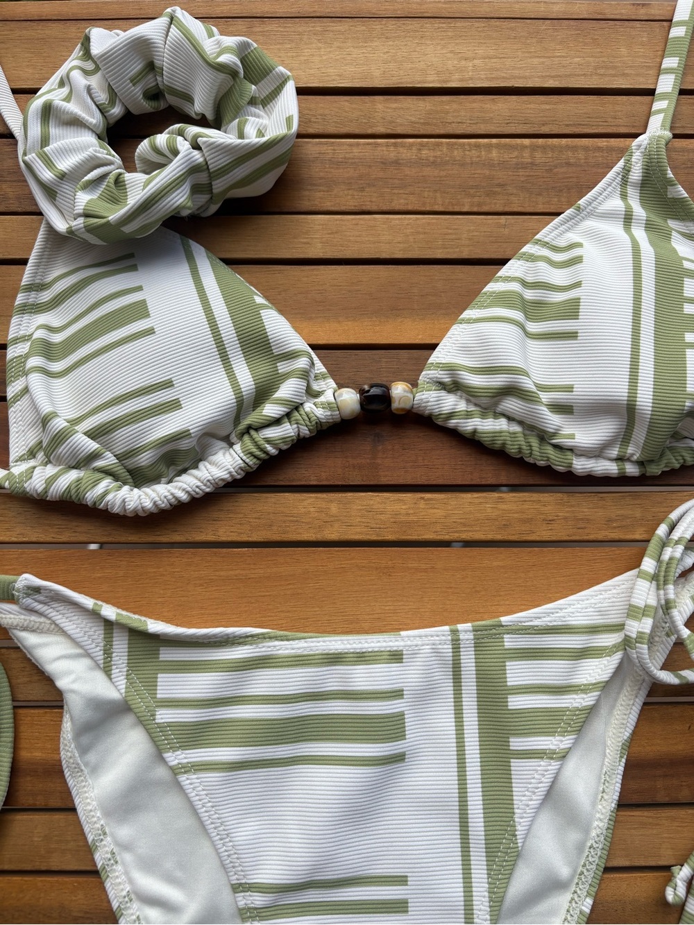 SMALL NWT Green White Bikini Scrunchie Set Matcha Stripe Beaded WILOTHELABLE